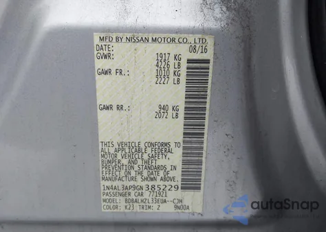 2016 Nissan Altima 2.5 Sr z USA, uszkodzony, nr VIN 1N4AL3AP9GN385229